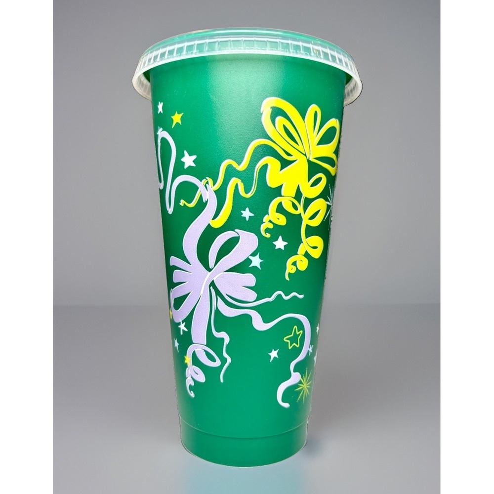 Starbucks Reusable Color Changing Cold Cup Venti 24 oz Green Holiday Bows 2023
